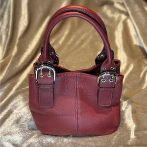 Tignanello Red Soft Pebbled Leather Medium Satchel Handbag Purse Tote 2 Handles